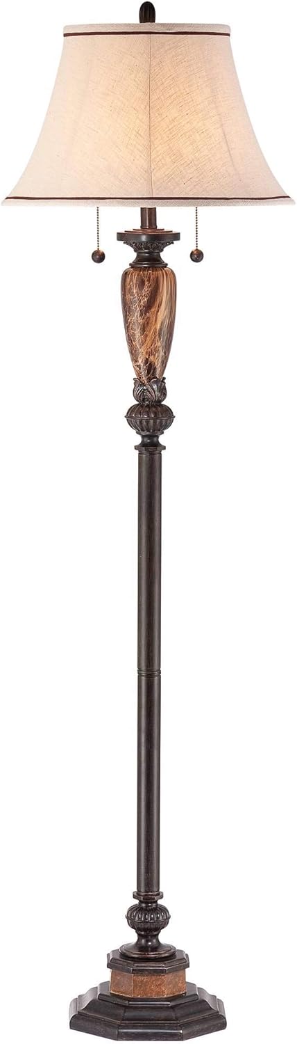 Sonnett 63 1/2" Tall Traditional Twin Pull Chain Floor Lamp Living Room | Industrial Vintage Standing Bronze Metal Faux Marble Ivory Linen Bell