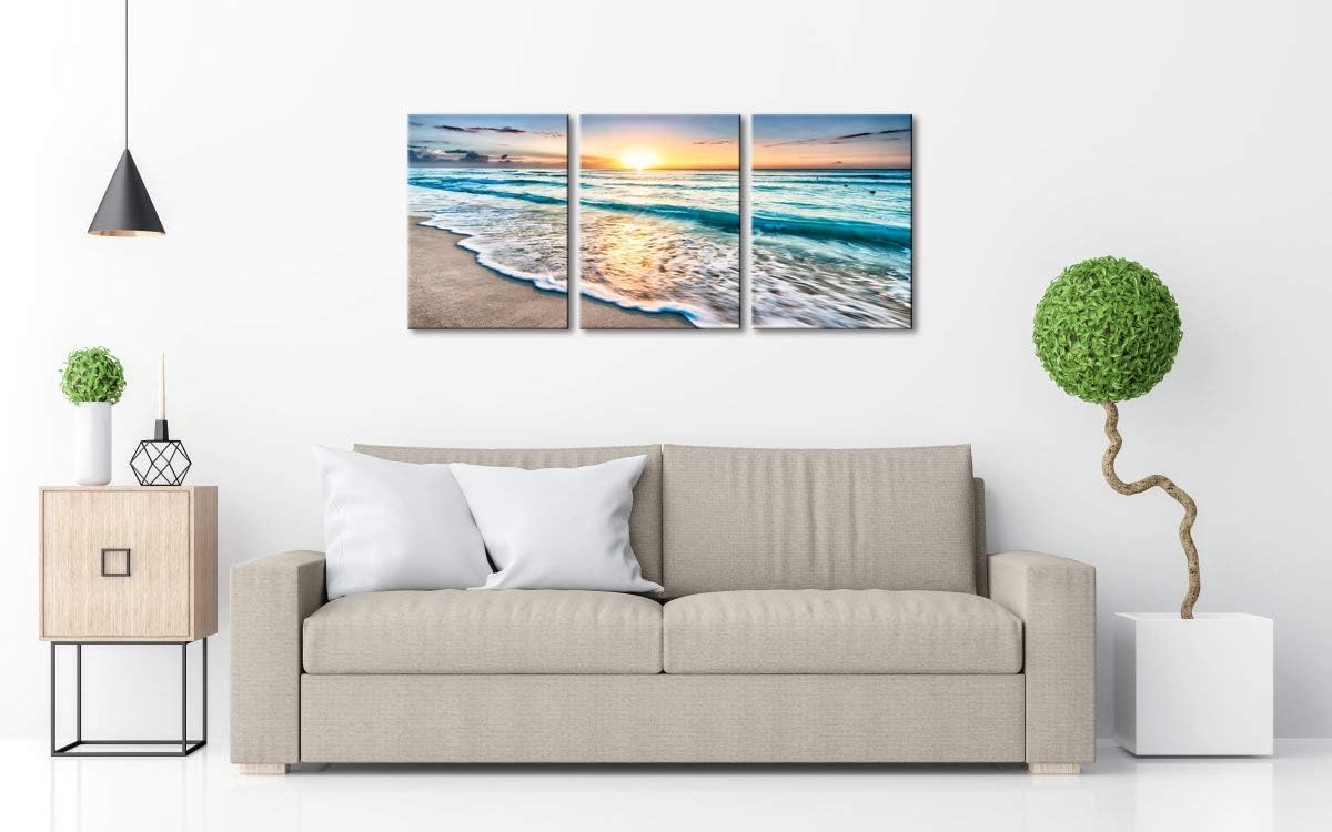 Wieco Art 3 Panel Blue Beach Canvas Wall Art for Home Decor Sunset White Wave Beach Pictures on Canvas Sea View Canvas Prints Artwork for Wall Decor