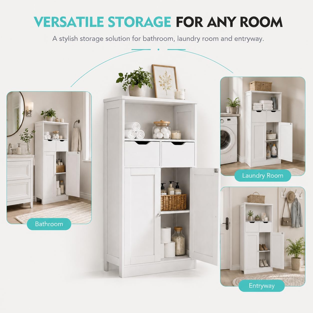 Vongrasig Bathroom Storage Cabinet, 42.5" H Freestanding Floor Cabinet | Wooden Modern Cabinet with 2 Drawers, Open Shelf and Adjustable Shelf for Bathroom, Laundry Room and Entryway, White
