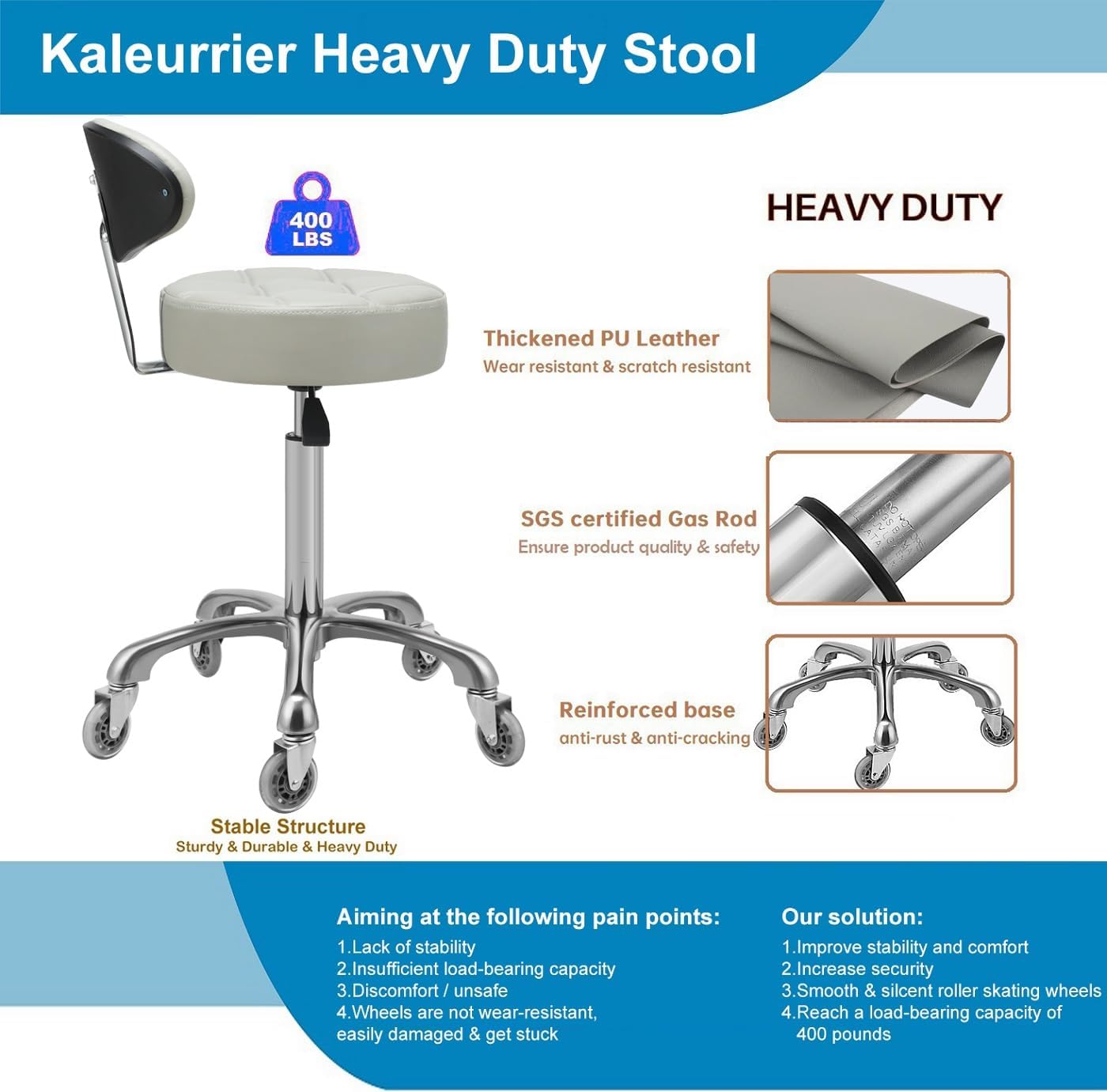 Kaleurrier Rolling Stool with Back Rest: Swivel Chair Adjustable Height