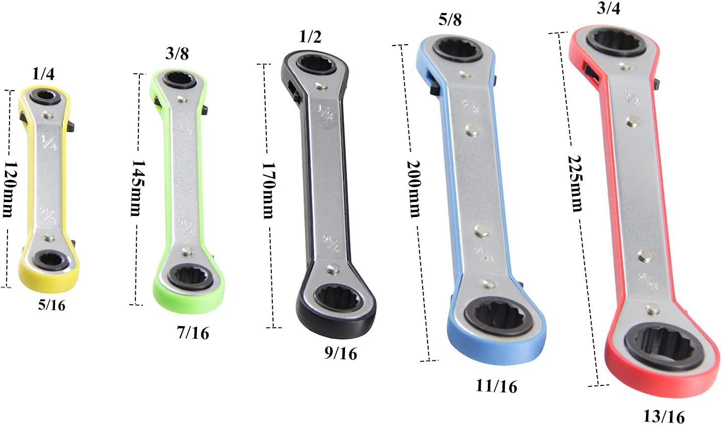 MacWork 5-Piece Offset Ratcheting Wrench Set ，Five Colors Reversible Universal Ratchet Double Ring Spanners