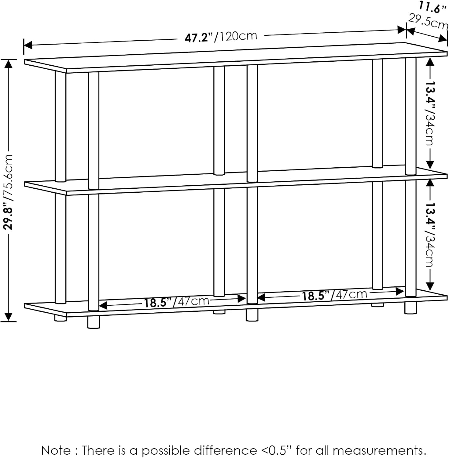 Furinno TURN-N-TUBE Storage Shelves, 3-Tier 47.4 Wide Book Shelf, Corner Shelf, Toolless Open Shelves, for Organization and Storage, Living Room, Garage, Home Office, Black