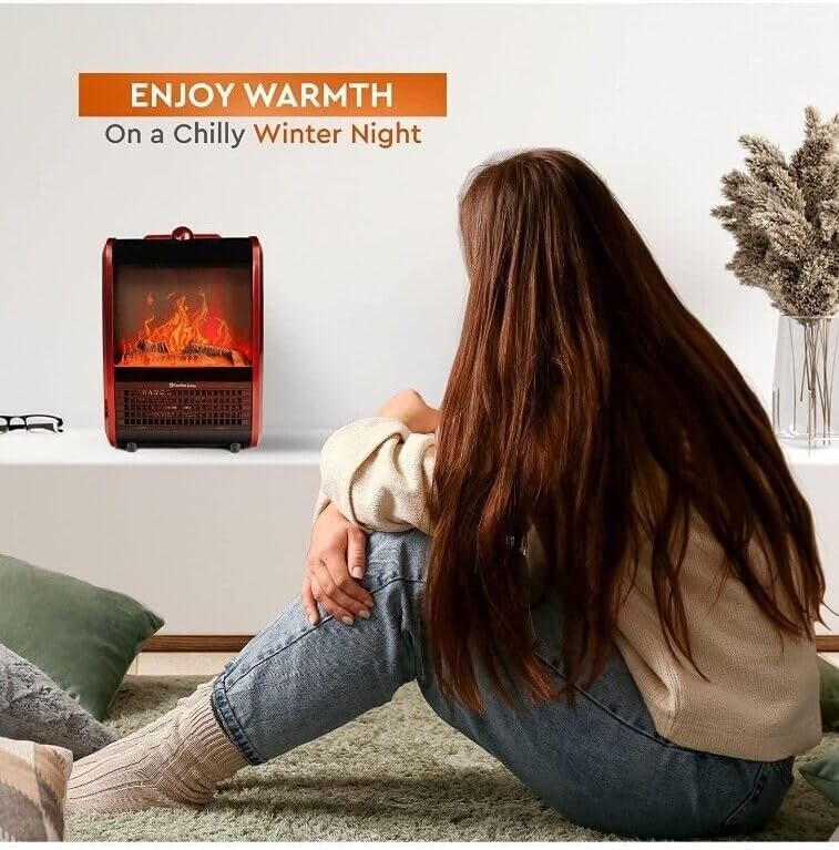 Comfort Zone Electric Mini Fireplace Space Heater with Realistic 3D Flame, Stay-Cool Body, Carry Handle, Overheat Sensor, and Safety Tip-Over Switch, Ideal for Home, Bedroom, & Office, 1,200W, CZFP1