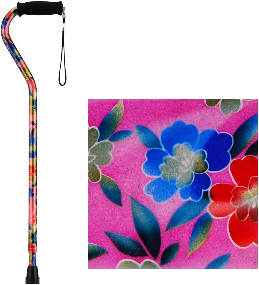 NOVA Designer Walking Cane with Offset Handle, Lightweight Adjustable Walking Stick with Carrying Strap, “Maui Flowers” Design