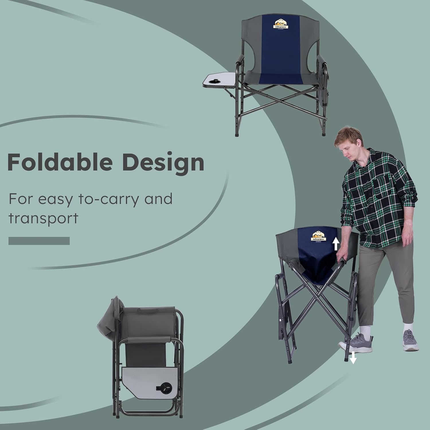 Colegence Oversized Directors Camping Chair for Adults, 600 lb, Black | Heavy duty folding outdoor chair with 28" wide seat, supportive back, side table, cup holder and detachable storage pocket
