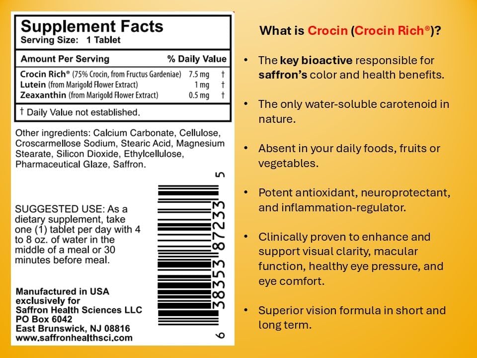Eye Health Supplement for Vision, Macular & Eye Pressure | Crocin Rich 60CT