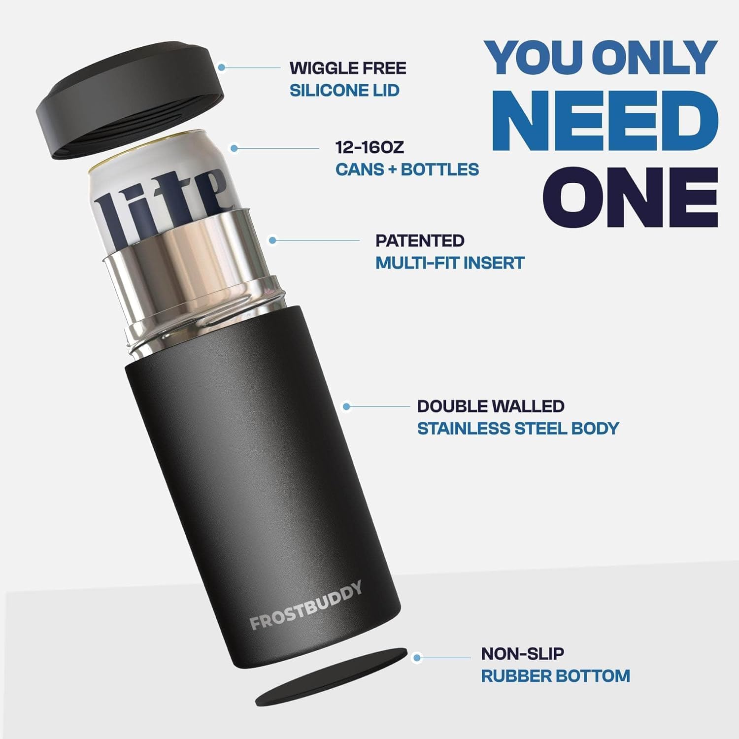 Frost Buddy Universal Can Cooler - Fits Slim Cans, 12 & 16oz (MatteBlack)
