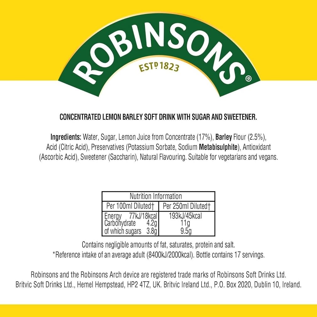 Robinsons Water Lemon Barley 850ml (Pack of 3)