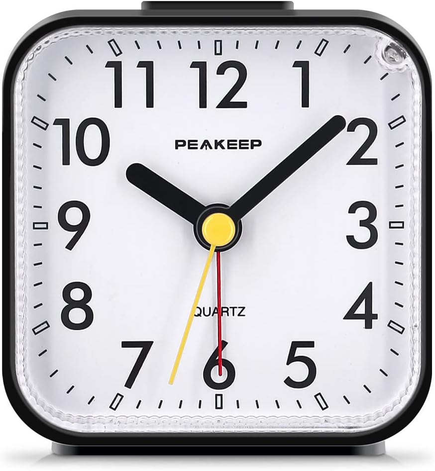 Peakeep Small Battery Operated Analog Travel Alarm Clock Silent | No Ticking, Lighted on Demand and Snooze, Beep Sounds, Gentle Wake, Ascending Alarm, Easy Set (Black)