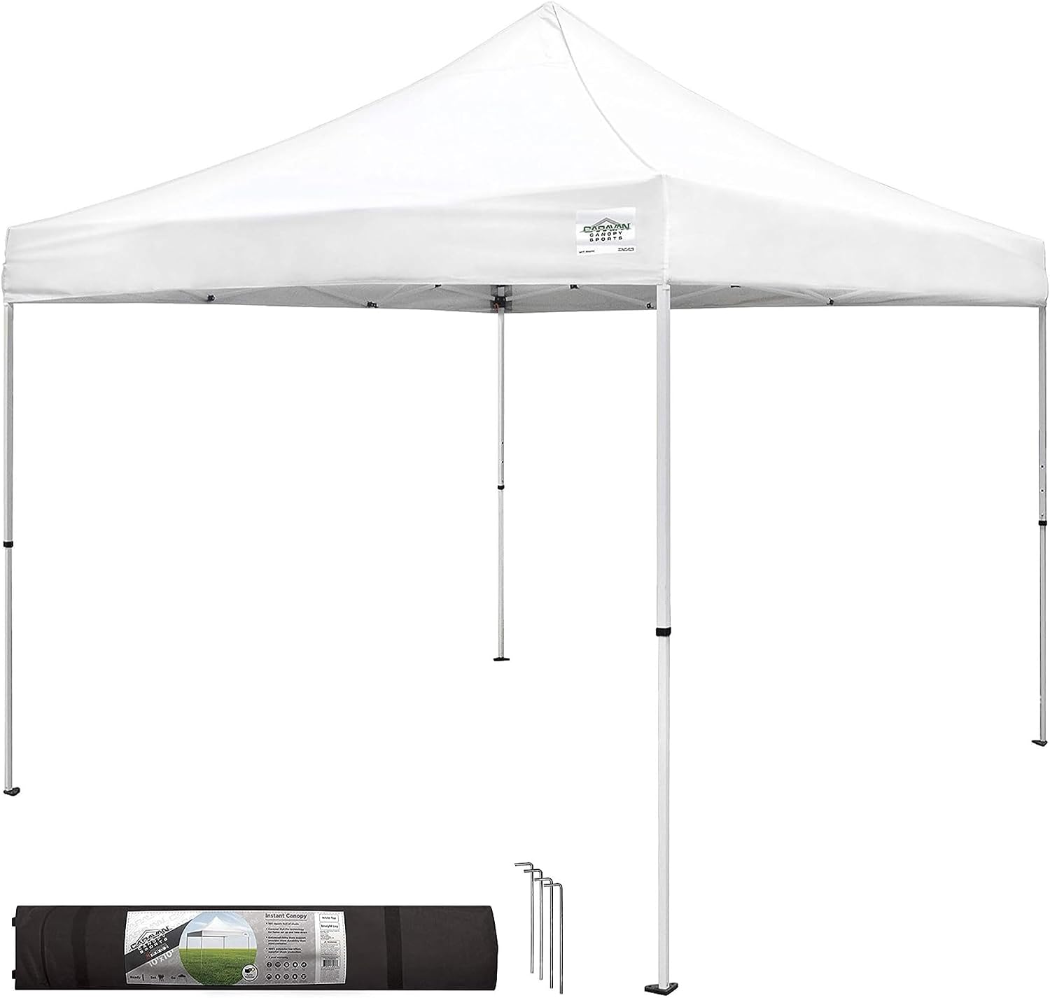 Caravan Canopy 12 by 12 Foot Polyester Straight Steel Leg Instant Pop Up Canopy Tent with Adjustable Height for Outdoor Events, Blue | 150D polyester top with 99 percent UV protection, 3 height settings to 9 ft, steel frame, roller bag and 4 stakes