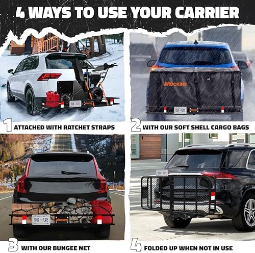 Mockins 500 lb. Capacity Folding Luggage Rack for SUV Car Truck ATV & More | Steel Trailer Hitch Cargo Carrier 60"x20"x6" w/ 16 Cu Ft Waterproof