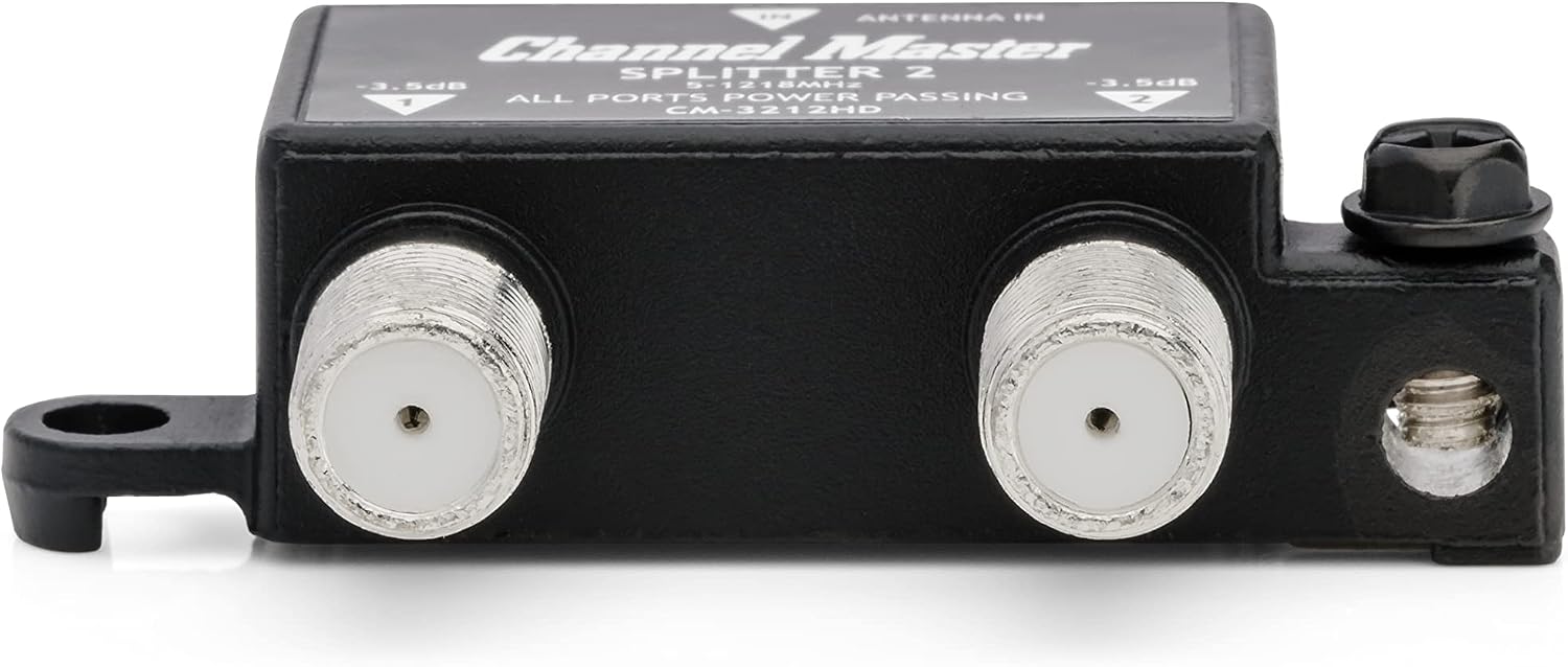 Channel Master Splitter 2 | 2-Way Splitter Distributes Digital HDTV Antenna Signal to 2 TVs, One Input and Two Outputs, Power Passing for Preamplifiers and Boosters, Low-Loss Design, Indoor/Outdoor