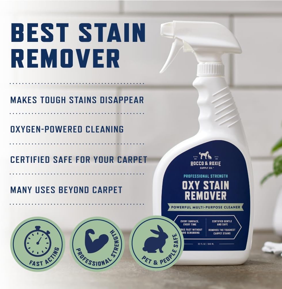 Rocco & Roxie Oxy Stain Remover - Oxygen Powered Carpet Cleaner Spray - Pet Stain Remover for Carpet, Spot Cleaner for Upholstery, Couch, Laundry, Rug