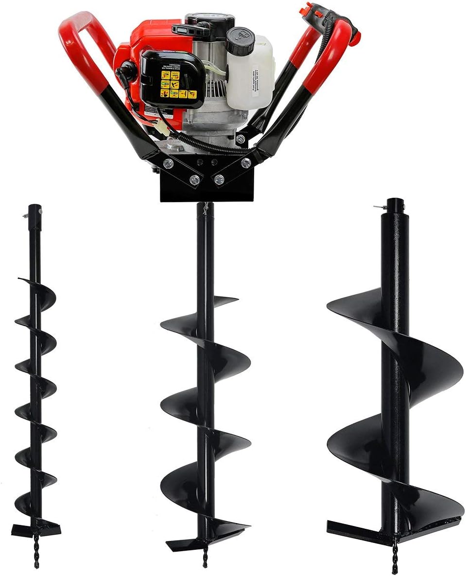 XtremepowerUS 55cc 2-Stroke Gas Powered V-Type with Handle Earth Auger Post Hole Digger Fence Borer + 3 Drill Bits (4", 10", 12" Bits) Set