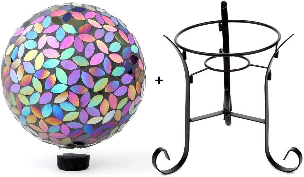 Lily's Home Colorful Mosaic Glass Gazing Ball, Designed with a Stunning Holographic Petal Mosaic Pattern with A 9-inch Tall Metal Stand