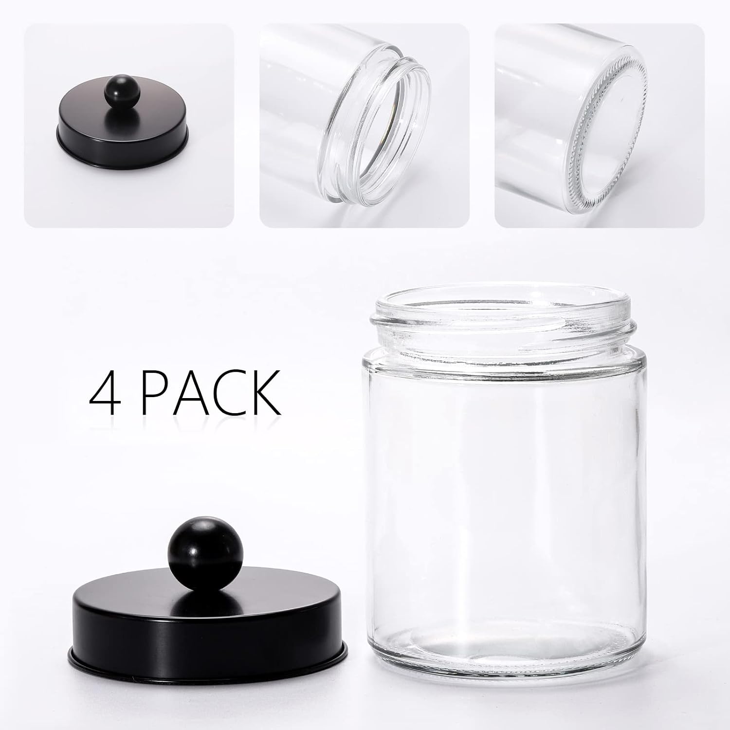 Tbestmax Glass Qtip Holder Dispenser, 10-Ounce Bathroom Containers Apothecary Jars with Metal Lids for Cotton Ball Swab Pad (4 Pack)