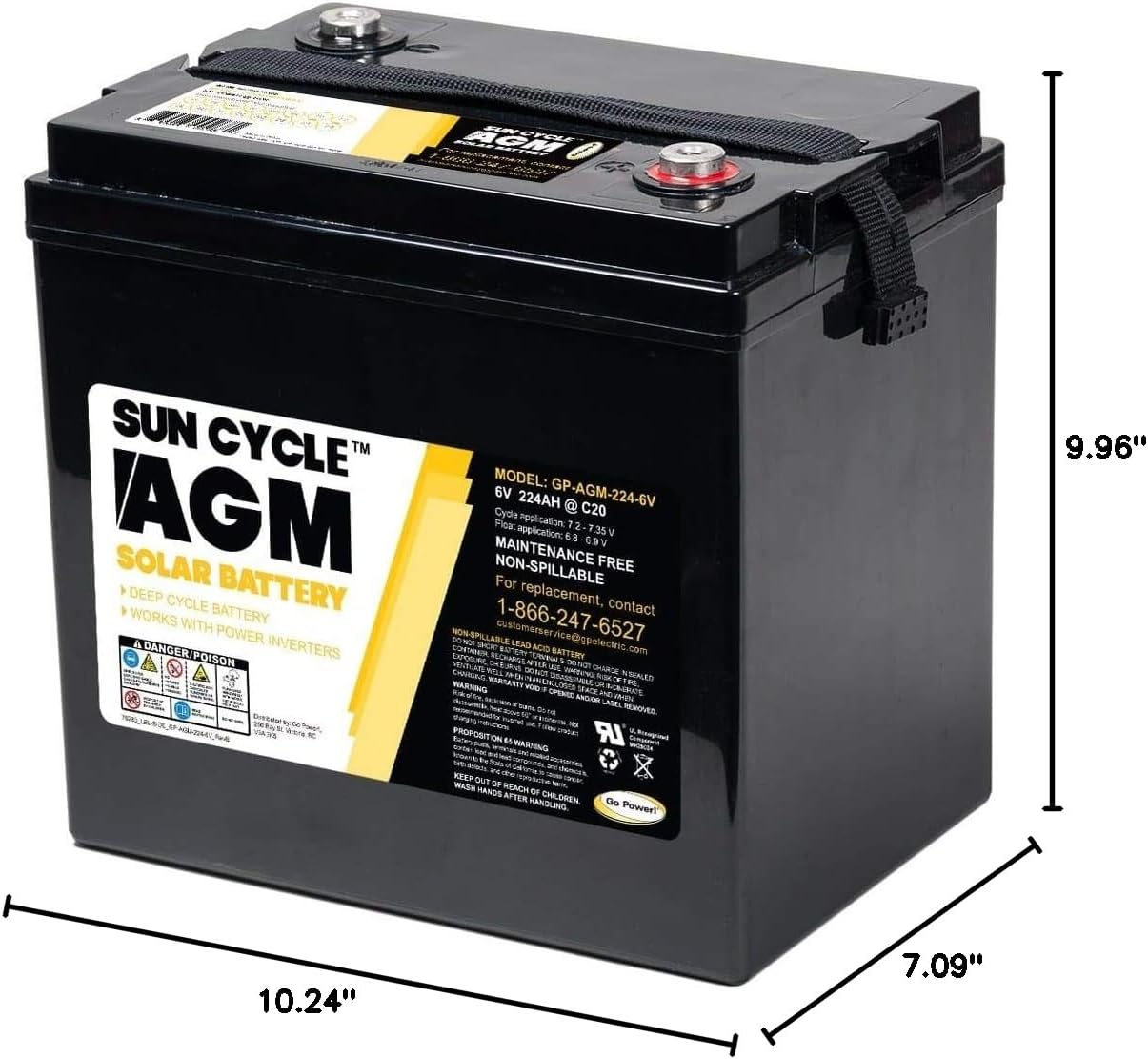 Go Power GP-AGM-224-6V 6 Volt AGM Deep Cycle Battery - 224 Amp Rechargeable Replacement Solar Battery for PV Solar, Inverters, RV & Off-Grid Use