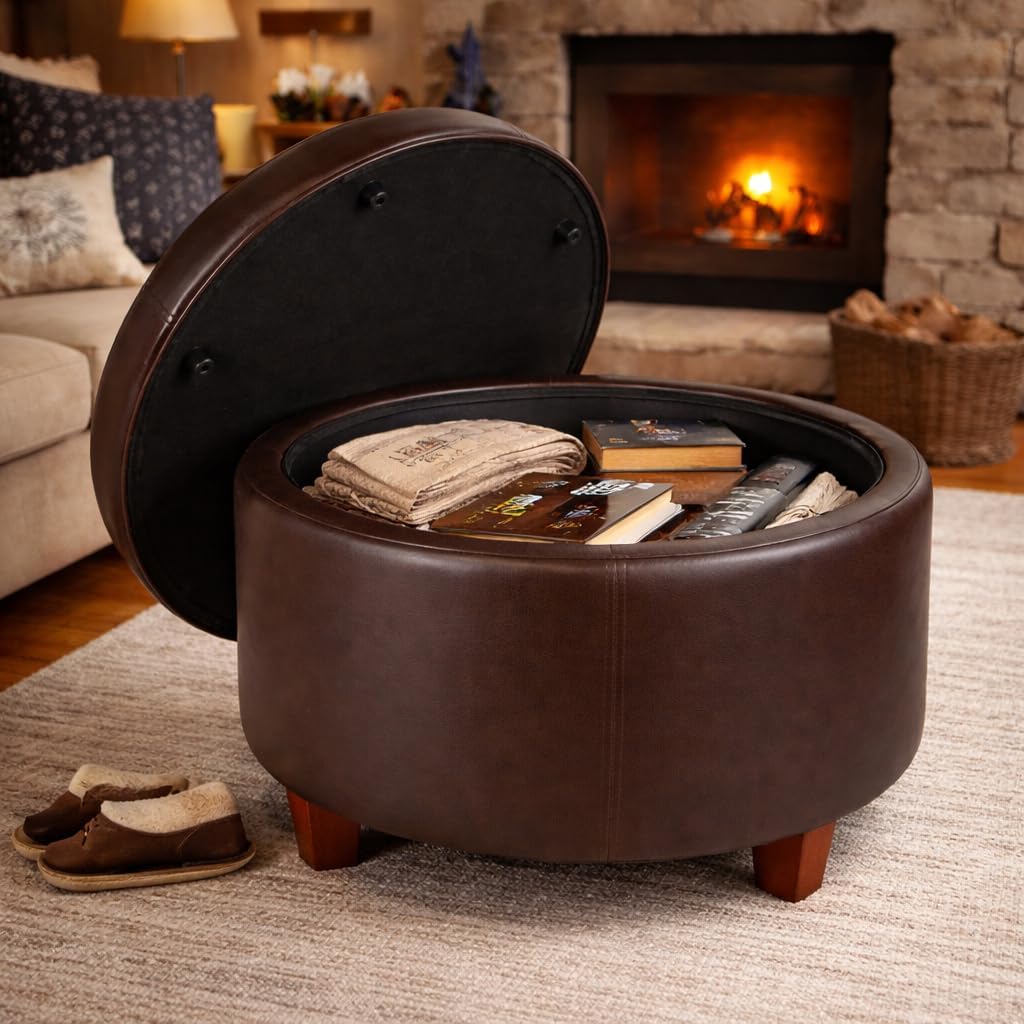 HomePop 24" Large Leatherette Storage Ottoman - Distressed Brown Faux Leather