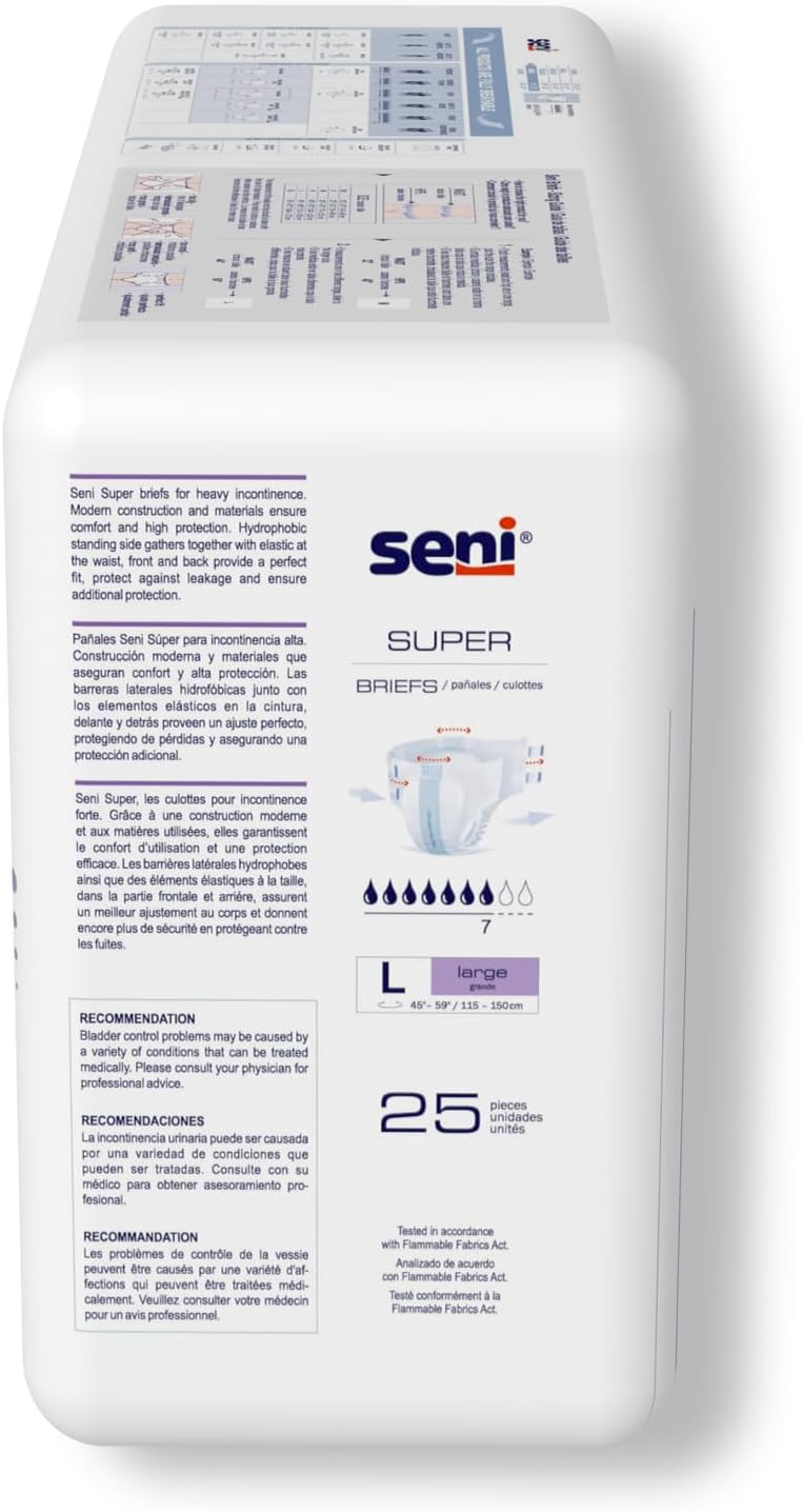 Seni Super Unisex Adult Incontinence Briefs with Tabs, 45-59 in, 75 ct | Breathable, Disposable Brief for Men & Women