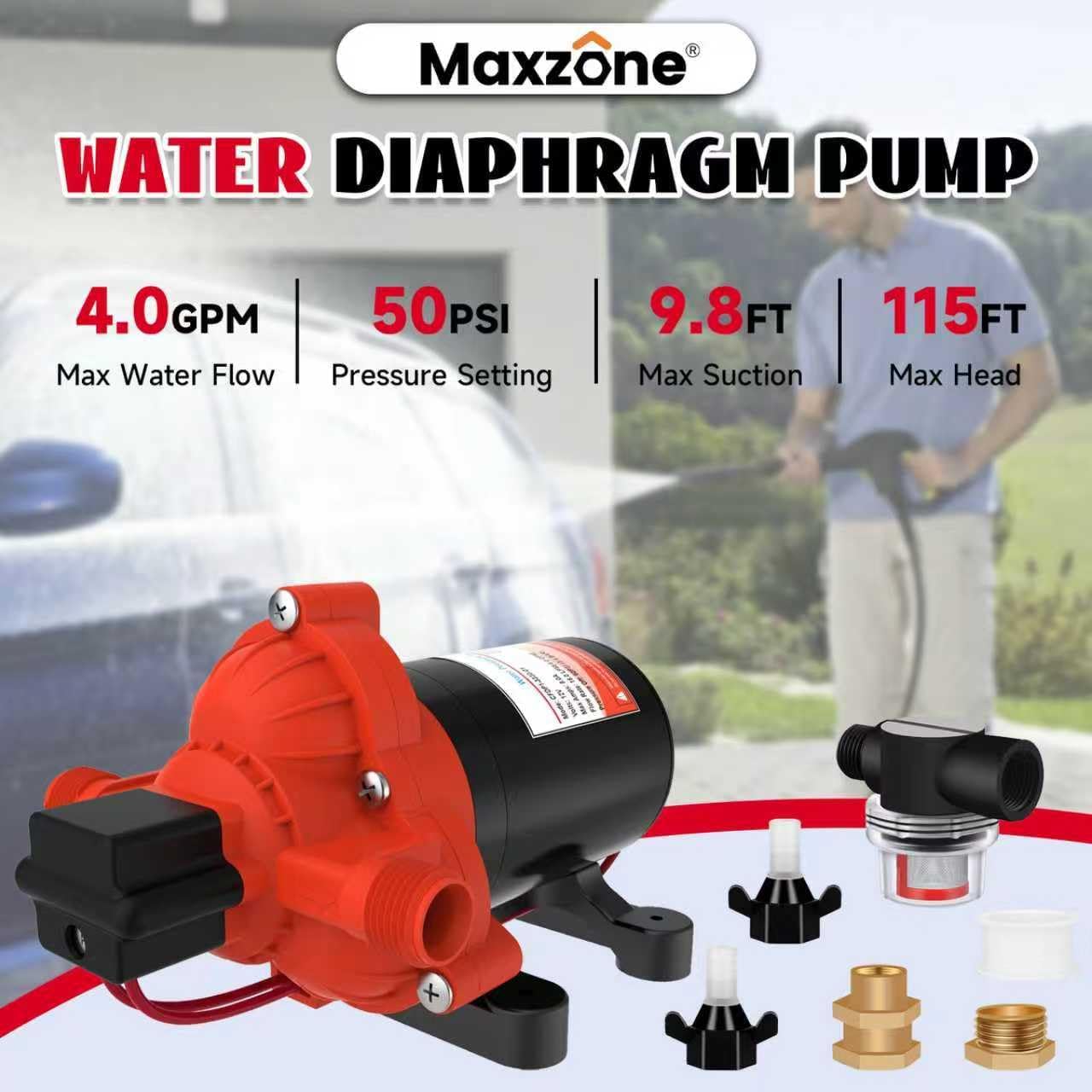 RV Fresh Water Diaphragm Pump 12 Volt DC 4.0 GPM 50PSI