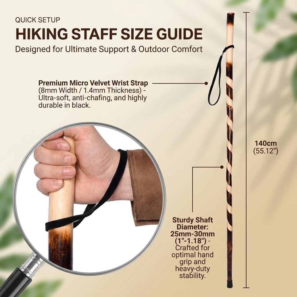 FOREST PILOT Handcrafted Nature Wood Hiking Stick 55 Inches Long - with Hand Strap and Rubber Tip Cover - Transparent Waterproof Painting Coating