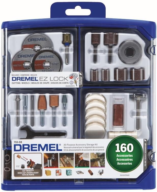 Dremel 160-Piece Rotary Tool Accessory Kit with EZ Lock Technology - 1/8" Shank - Cutting Bits, Polishing Wheel and Compound, Sanding Drums and Sanding Discs (710-08) | EZ Lock technology, cutting, polishing and sanding accessories