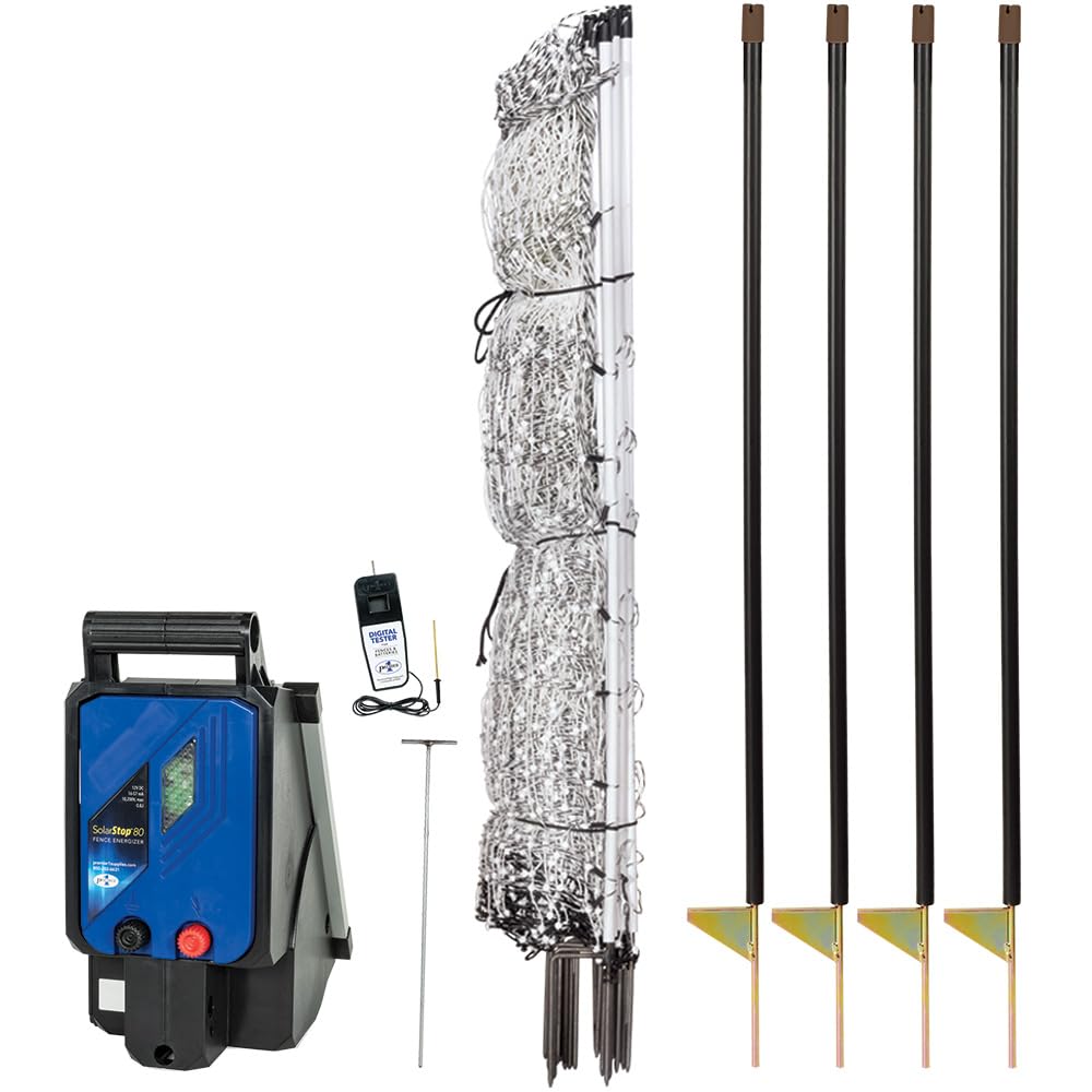 Premier 1 PoultryNet® Plus, Starter Kit for Chickens – 48"H x 100'L | White/black. Includes solar energizer, support posts & tester. Double spike