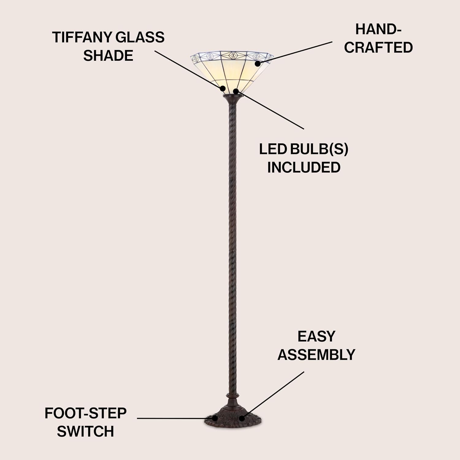 JONATHAN Y Moore Tiffany Style Torchiere Floor Lamp 68.57" Metal, Bronze | Handcrafted Multi-Color Stained Glass Bowl Shade