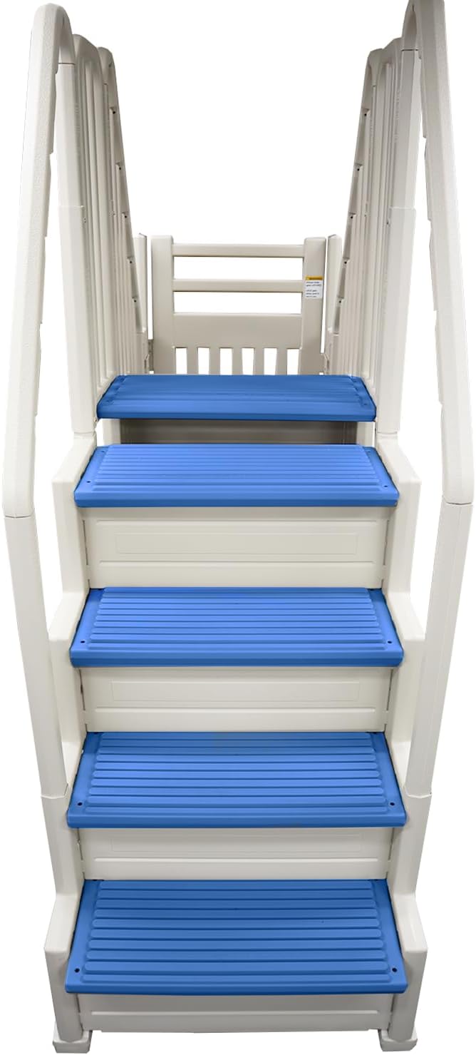 Confer Entry System for Above Ground Pools | White Frame with Blue Steps | All Resin Bridge System with Handrails and Gate