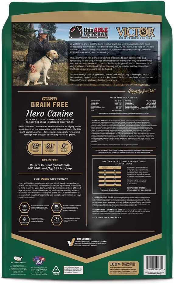 VICTOR Purpose Grain Free Hero Canine Dry Kibble - Active Adult Dogs, 30 lb | Super Premium Dog Food, Gluten Free, High protein With Glucosamine and Chondroitin, Supports Hip and Joint Health, 30lbs