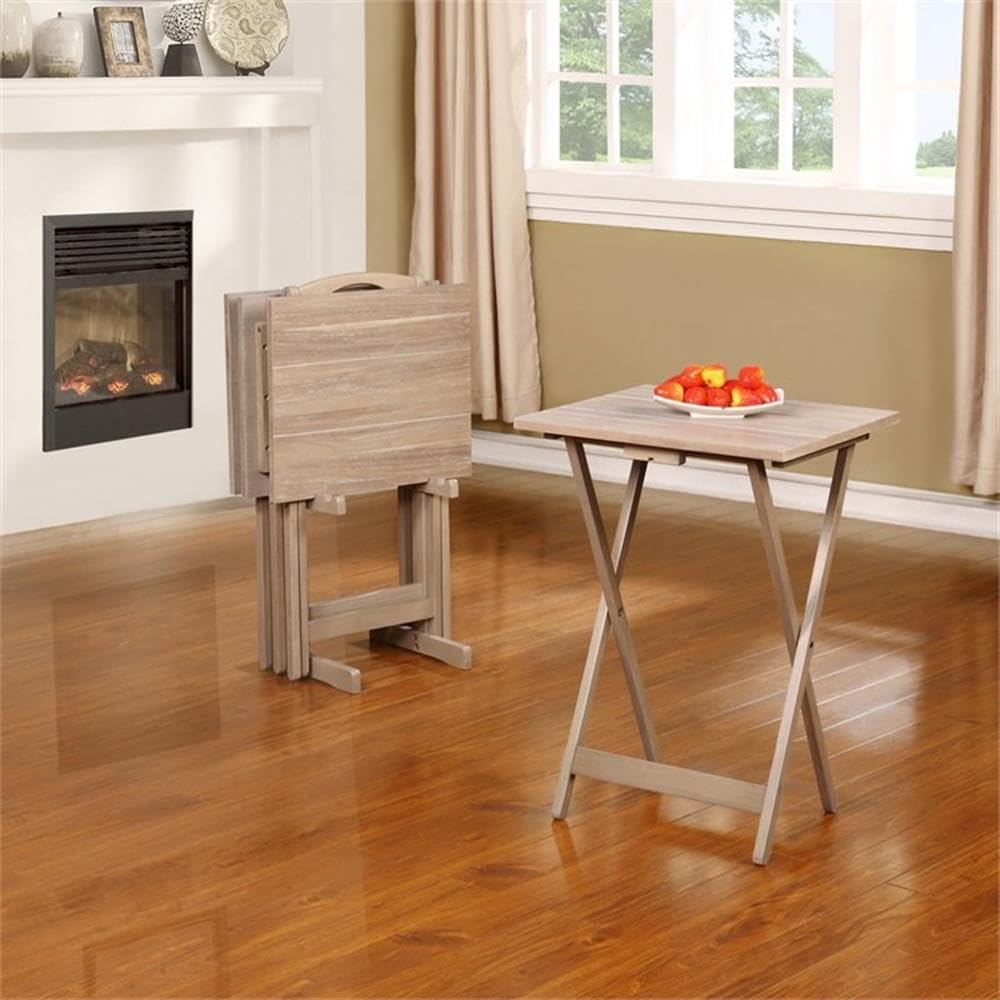 Riverbay Furniture 5 Piece TV Tray Table Set, Faux Marble Tops, Rubberwood and MDF, Brown Finish, Includes 4 Folding Tray Tables and 1 Storage Stand, Compact Design for Living Room or Home Use