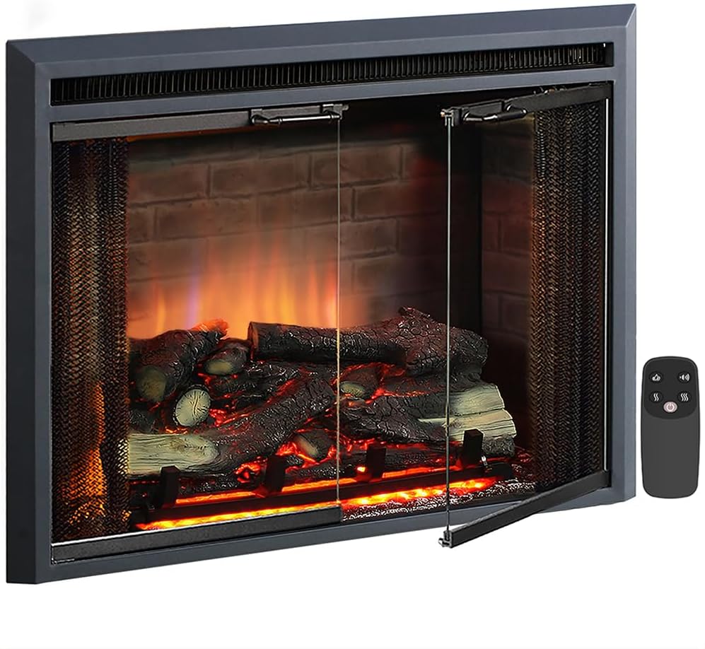 PuraFlame Klaus Electric Fireplace Insert with Fire Crackling Sound, Glass Door and Mesh Screen, 750/1500W, Black, 29 15/16 Inches Wide