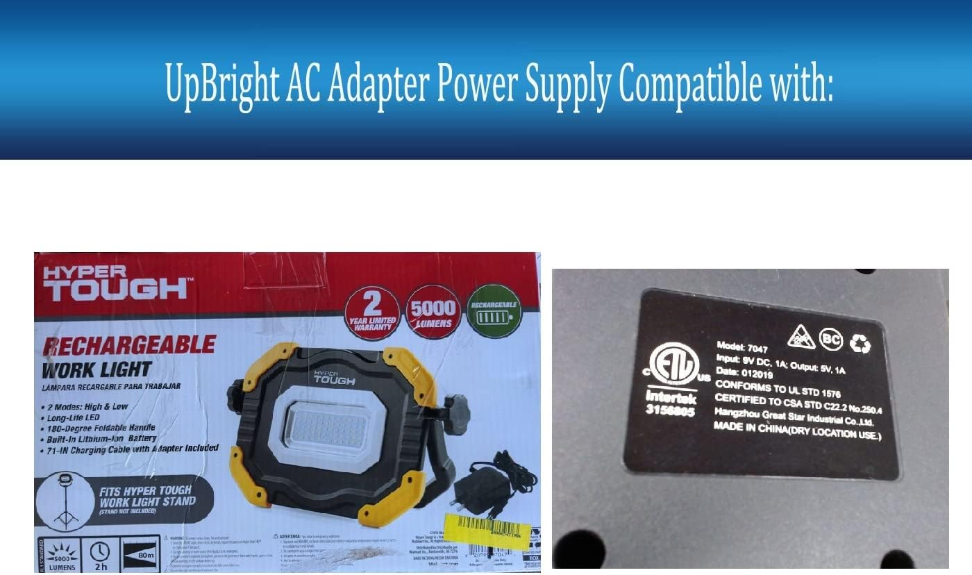 UpBright 9V AC/DC Adapter Compatible with Hyper Tough 7047 HT7047 HT HyperTough 5000 lumens LED Rechargeable Work Light 9VDC 1A 9VDC1A 9V1A DC9V