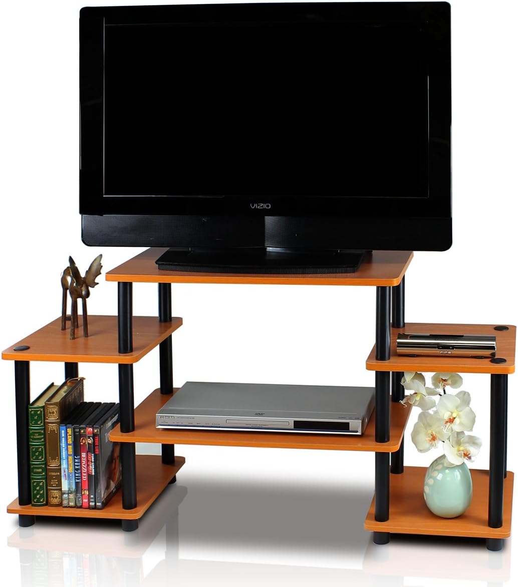 Furinno Turn-N-Tube No Tools Entertainment Center, Round Square Corner, French Oak Grey/Black | Raised Top, Open Shelves TV Console with for TV up to 32 Inch, for Living Room, Bedroom