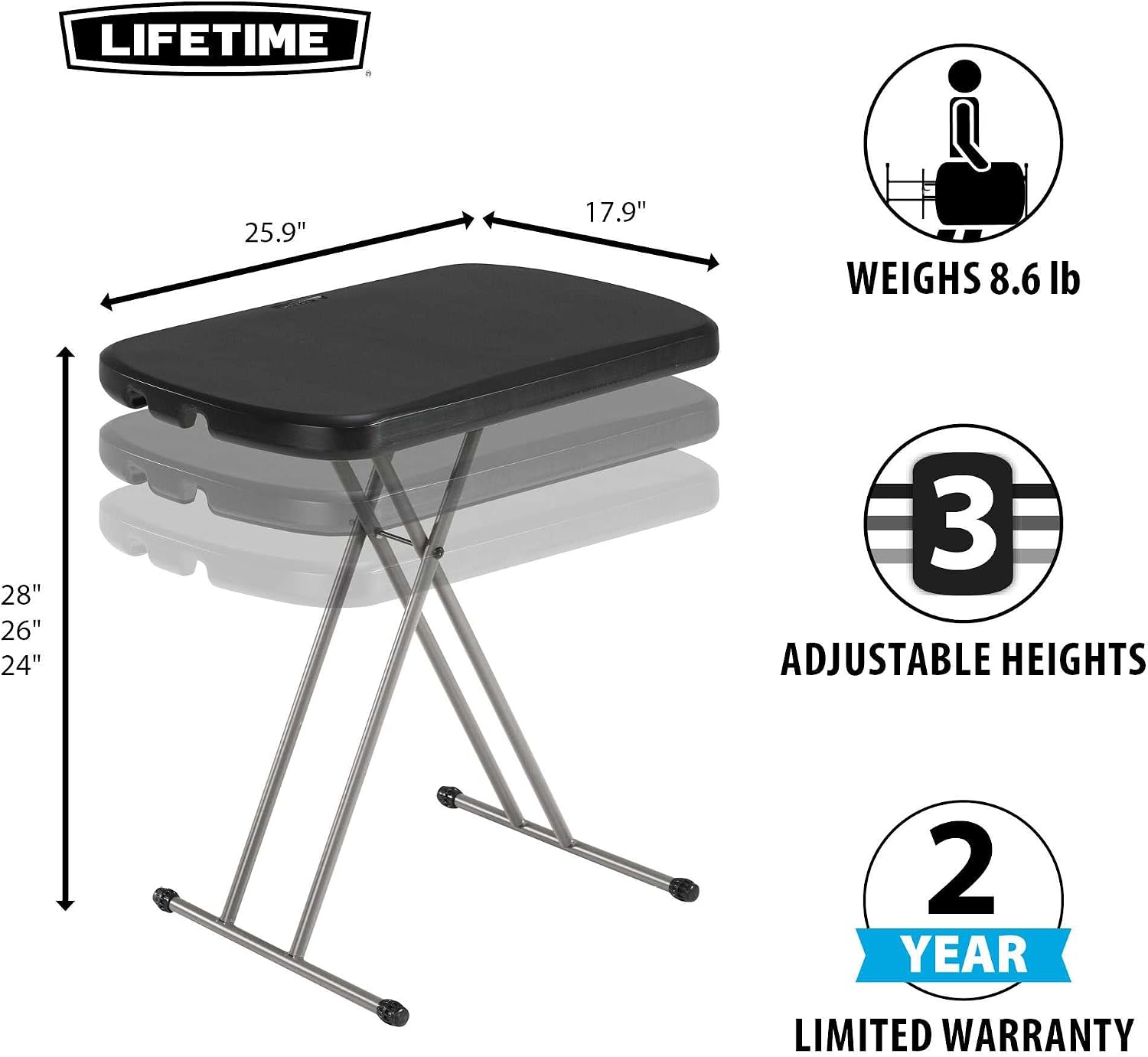 LIFETIME 80251 Adjustable Folding Laptop Table TV Tray, 26 Inch, White Granite