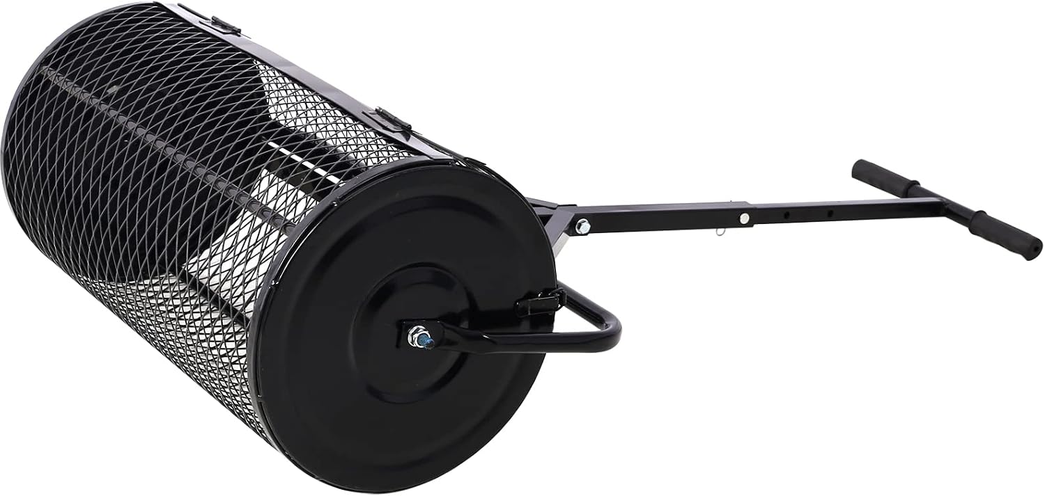 Compost Spreader - 24'' Peat Moss Spreader Manure Spreaders Roller with Adjustable T Shaped Handle Lightweight Metal Mesh Spreader for Lawn Garden Spreading Manure Topsoil, Black 0.5" x 1" Open Slits