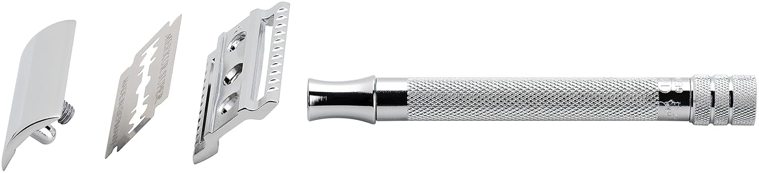 MERKUR 23C Double Edge Safety Razor - Polished Chrome, Long Knurled Brass Handle, Made in Germany, Plastic-Free, Three Piece Design, Closed Comb, Straight Bar