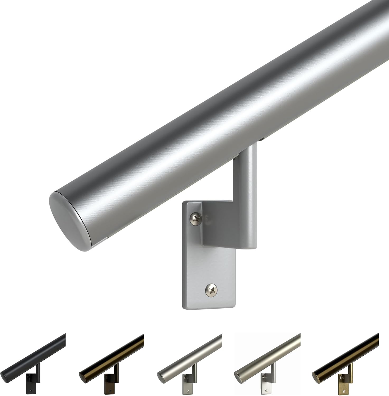 Promenaid Silver 3ft Flush Handrail Kit - Complete Indoor/Outdoor Stair Handrail - Modern 1.6" Round Satin-Anodized Aluminum Railing with 2 Silver