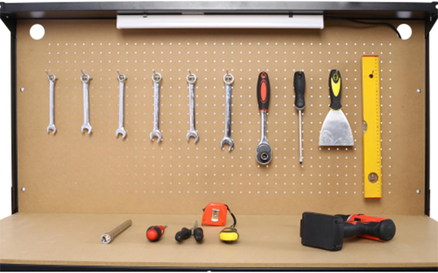 Heavy-Duty Steel Workbench with LED Light, 59'' Tool Storage Bench with Power Outlets & USB Ports, 200 lbs Capacity