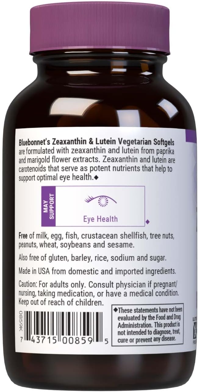 Bluebonnet Nutrition Zeaxanthin & Lutein, Eye Health*, Gluten-Free, Dairy-Free, 60 Vegetarian Softgels, 60 Servings | Eye Health; Vegetarian, Gluten-Free, Dairy-Free