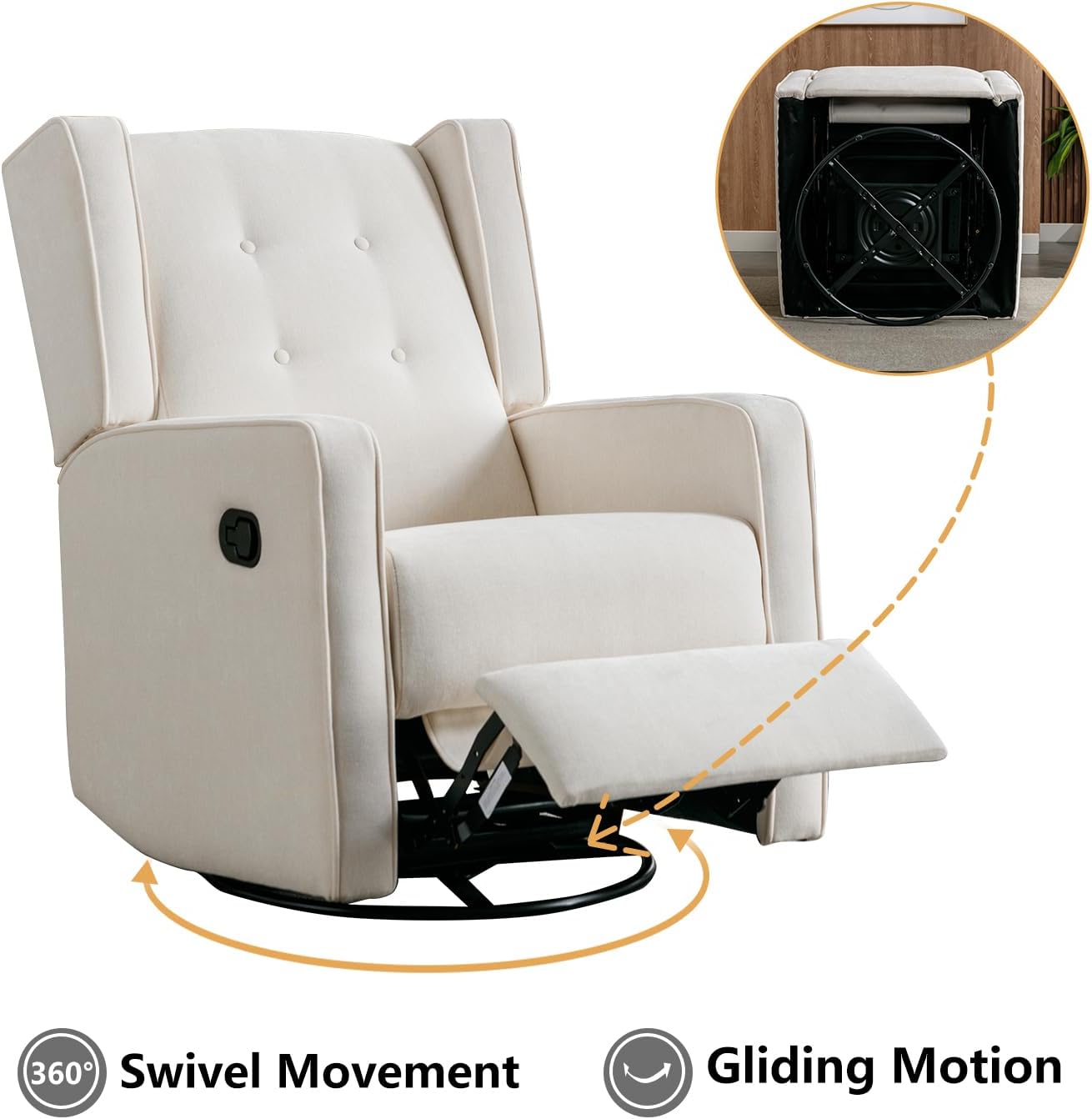 CANMOV Swivel Rocker Recliner Chair, Nursery Glider Chair, Nursery Rocking Chairs, Manual Reclining Chair, Grey