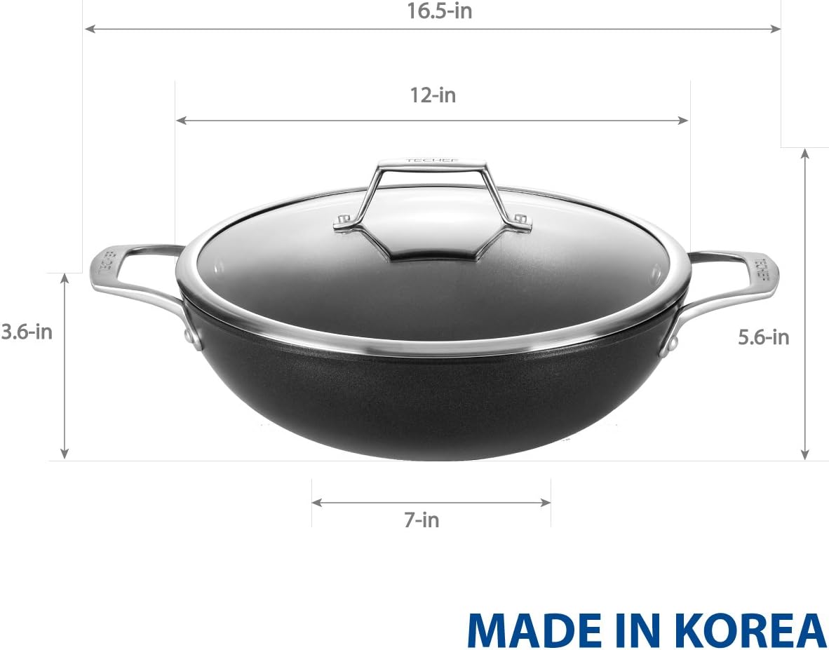 TECHEF - Onyx Collection, 12-Inch Nonstick Flat Bottom Wok/Stir-Fry Pan - PFOA Free, Dishwasher and Oven Safe, Made in Korea