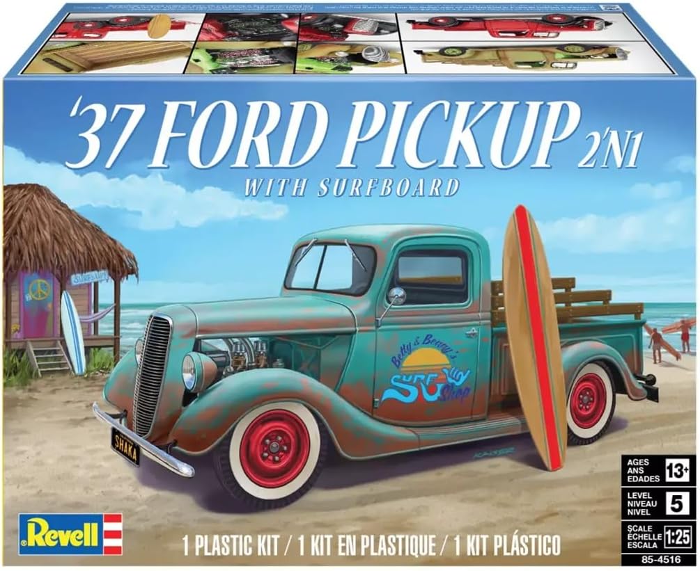 Revell 85-4516 1937 Ford Pickup Truck 2N1 w/Surf Board Model Car Kit 1:25 Scale 162-Piece Skill Level 4 Plastic Model Building Kit