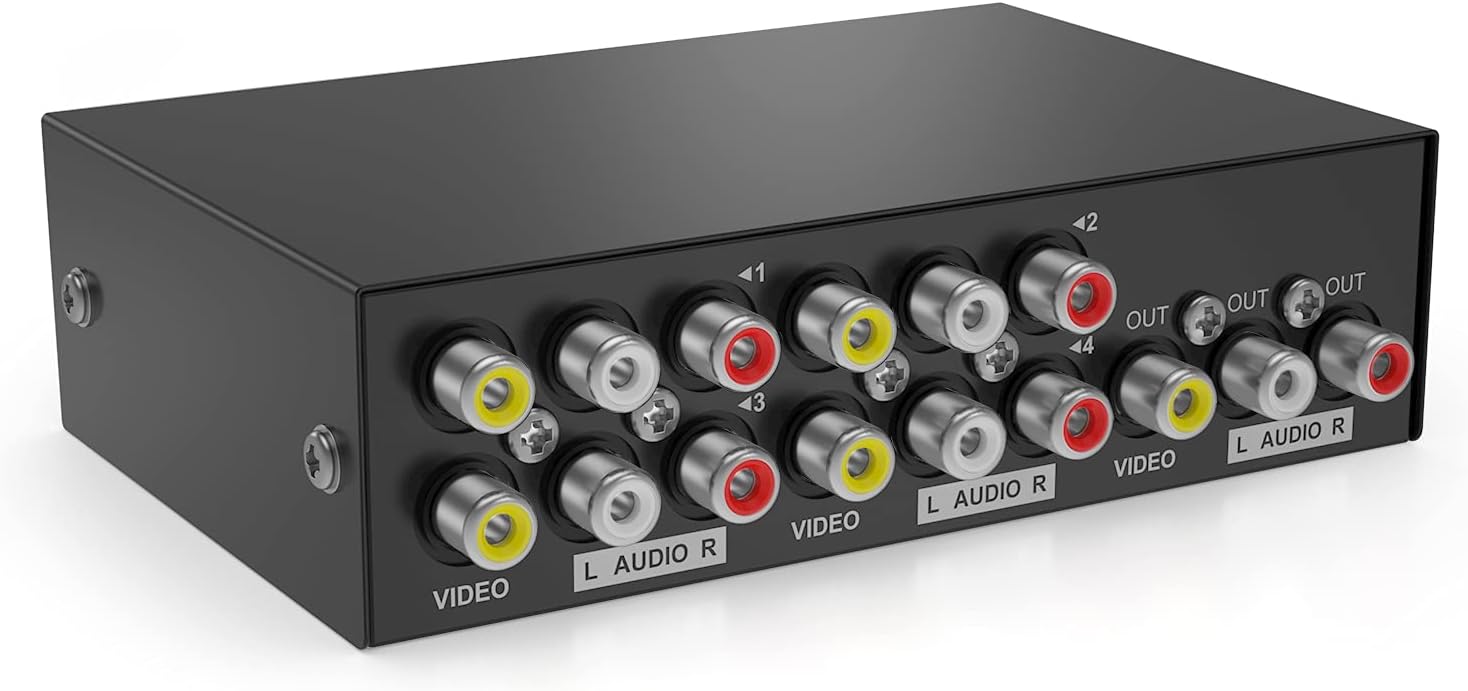 MT-ViKI 4 Way AV RCA Switch, 4 in 1 Out Composite Video L/R Audio Switcher Selector Box for DVD Player, SNES, N64, PS2/3 Game Consoles
