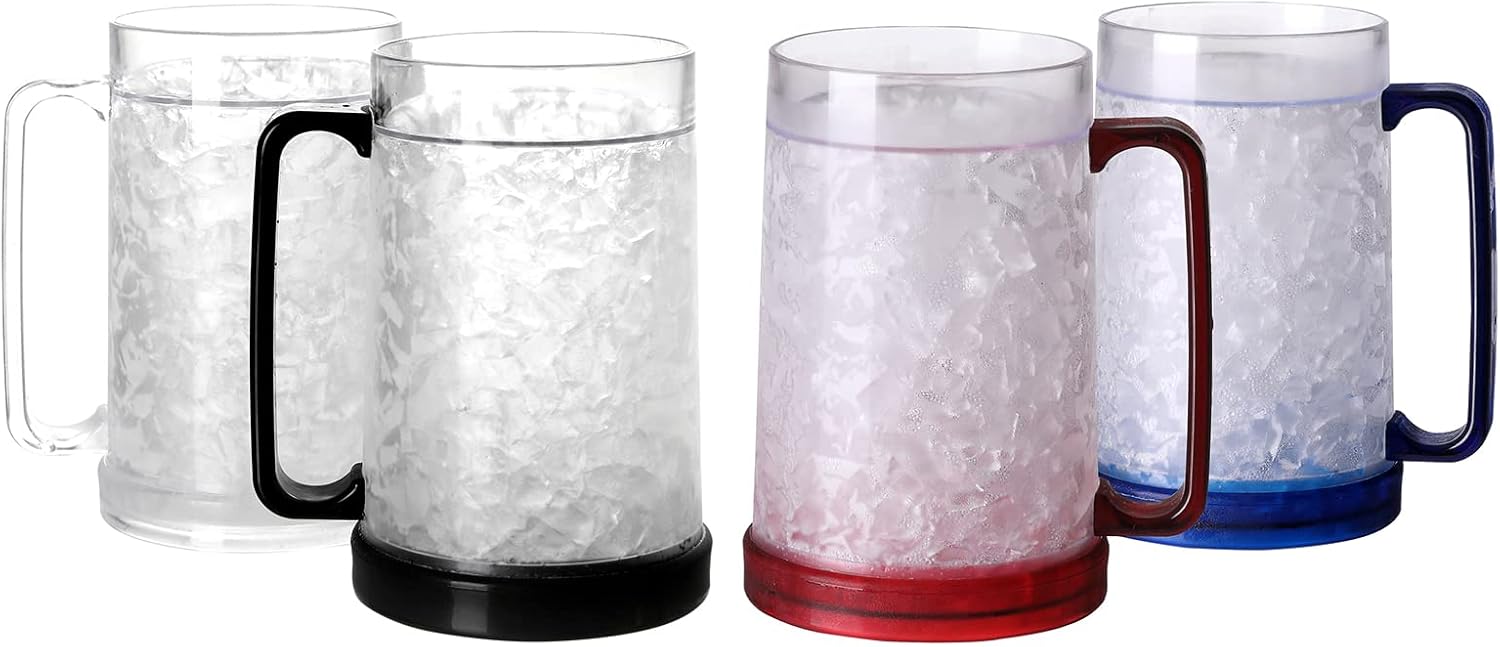 Double Wall Gel Frosty Freezer Ice Mugs Clear 16oz Set of 4 (Blue, Red, Orange and Green)