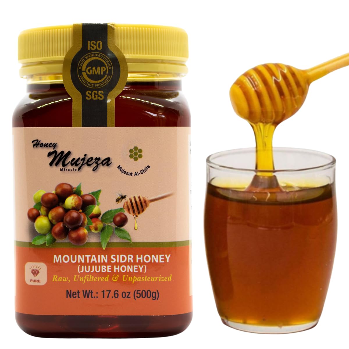 Authentic Mountain Sidr Honey - Jujube Honey, Supports Mental Health, Memory and Cognition, 100% Natural, Raw Liquid Honey, Gluten Free (500g / 17.6oz)