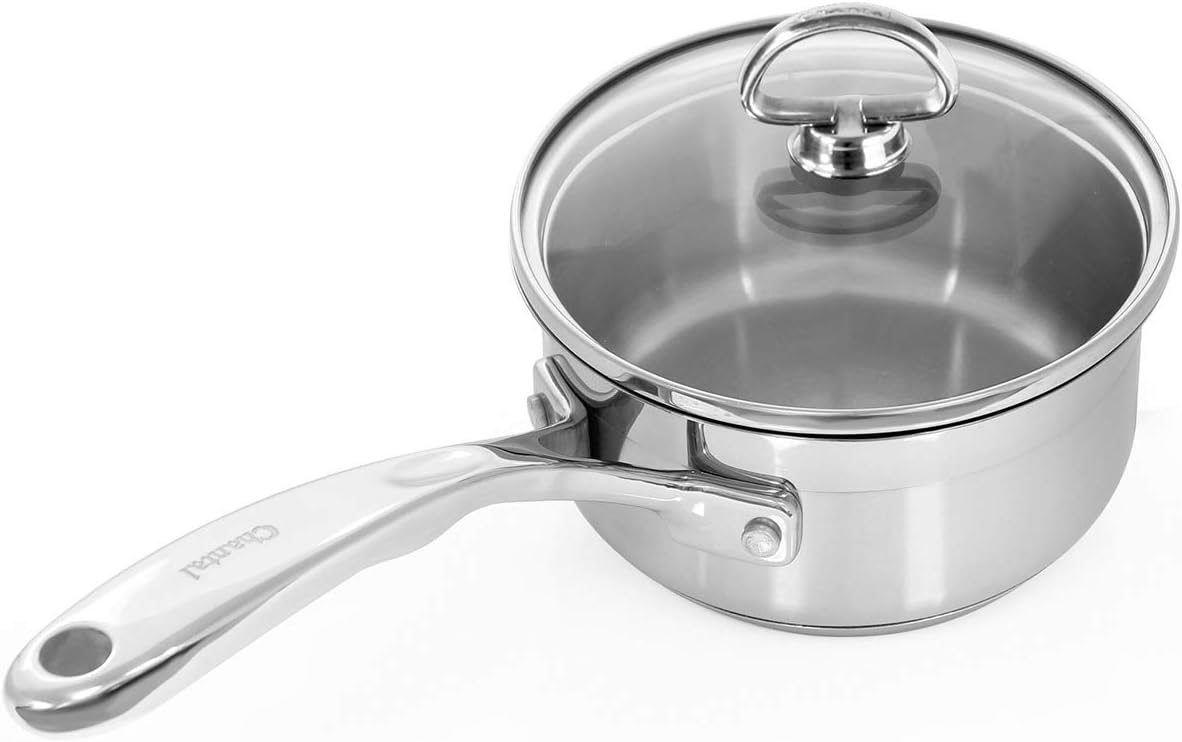Chantal Induction 21 Steel 1 quart NonStick Saucepan with Tempered Glass Lid, Ceramic Non Stick, Brushed Stainless Steel