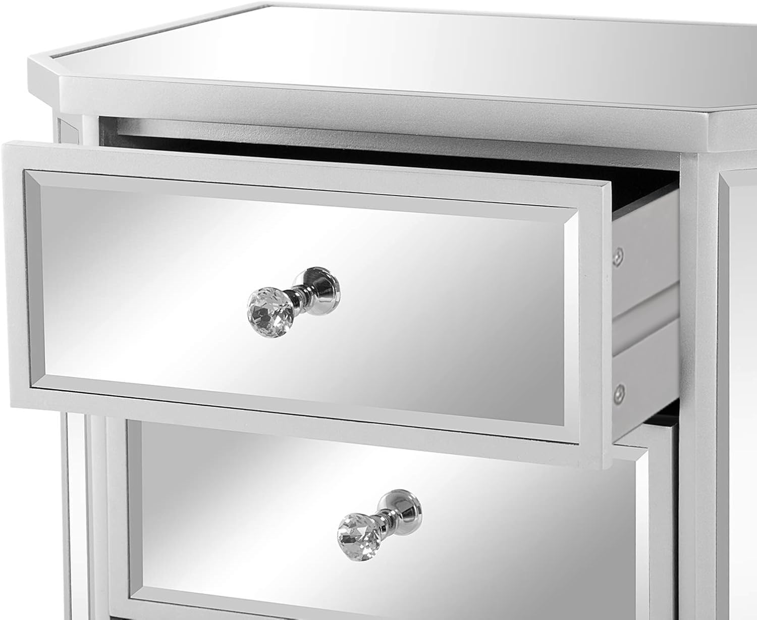 VINGLI Mirrored Dresser 5 Drawers Modern Chest, Mirrored Chest of Drawers, Glass Dresser for Living Room, Silver