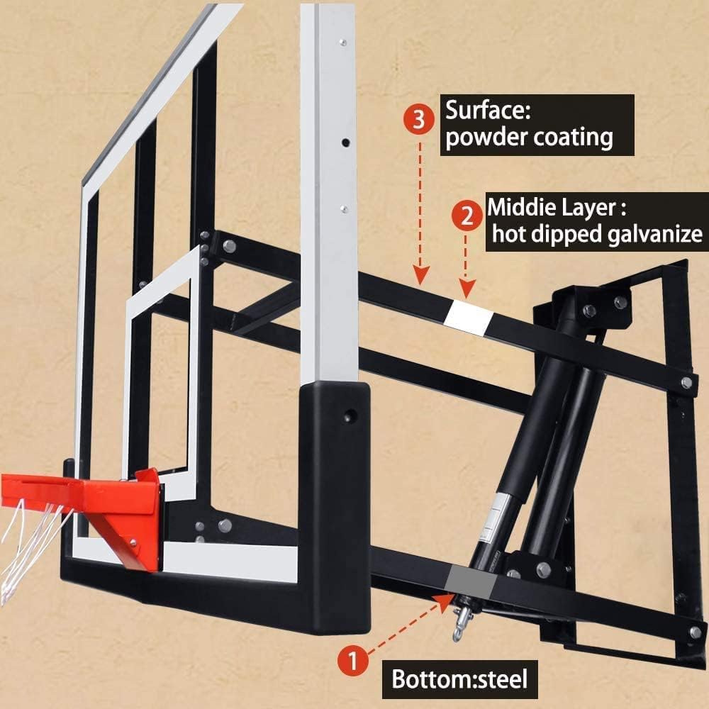 Katop Wall Mount Basketball Hoop with 60"x36", 72"x42" Tempered Glass Backboard, Effortlessly Height Adjustable from 7.5' to 10'