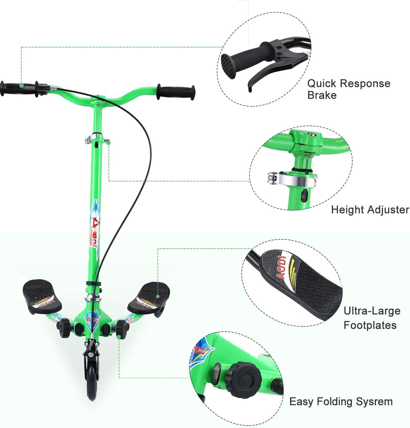 Swing Scooter for Kids, 3 Wheels Foldable Wiggle Kick Scooter Push Drifting with 4 Adjustable Handlebar & 2 Rear LED Wheel for Boys and Girls Ages 3-8